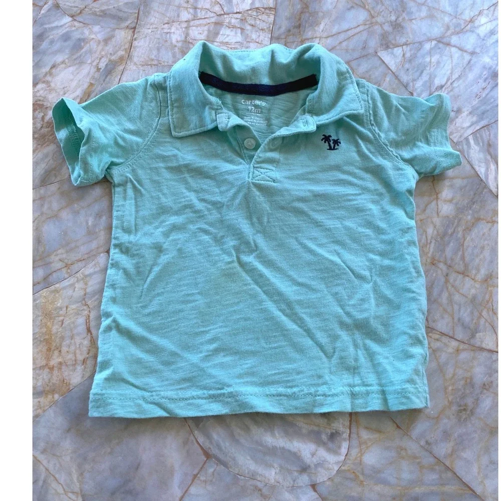 Carters Toddler Boys Seafoam Green Slub Knit Palm Tree Polo Shirt 12M
